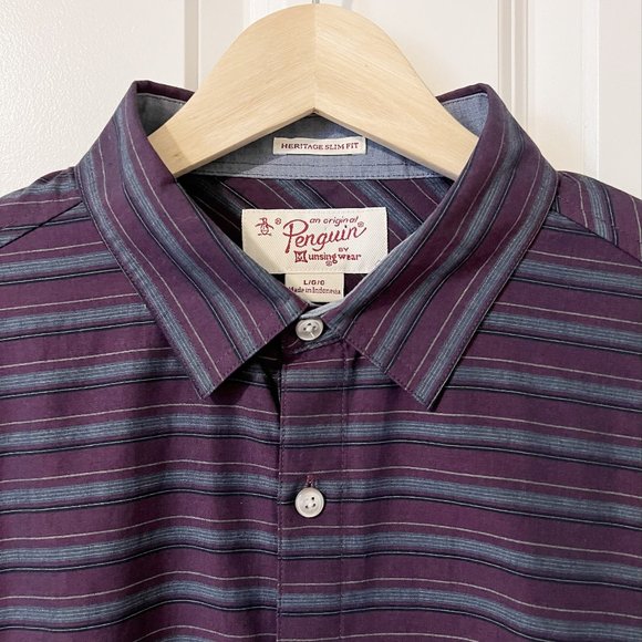 Original Penguin Men's Large Blue/Purple Striped Heritage Slim Fit Shirt - Picture 2 of 5